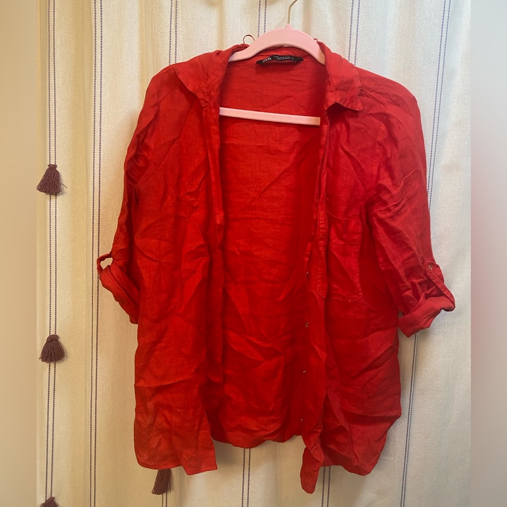 Zara 100% linen red button up shirt